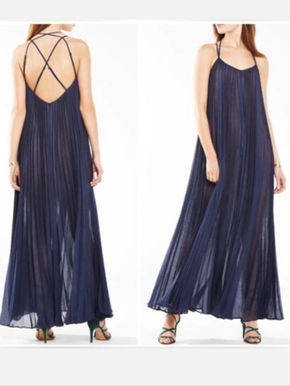BCBGMaxAzria Isadona Pleat Gauze Maxi Dress Navy Blue Strappy Womens Size Small